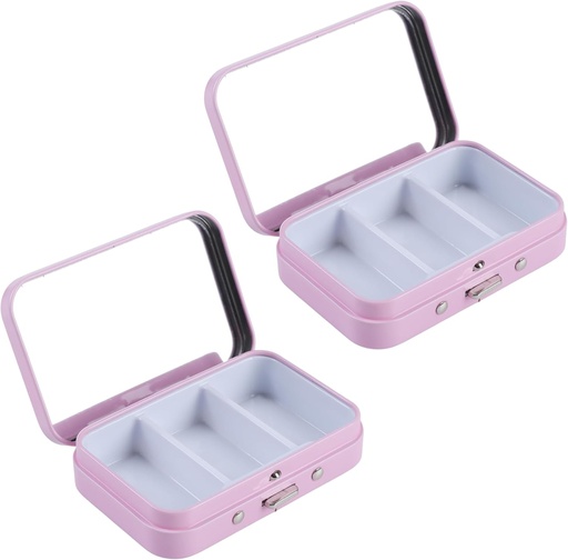 [BRSRAHYTBMBQ2G3A] 2Pcs 3 Compartments Pill Case with Mirror, Portable Metal Medicine Pill Organizer Small Pill Box Vitamin Pill Holder for Pocket, Purse, Travel (Pink)