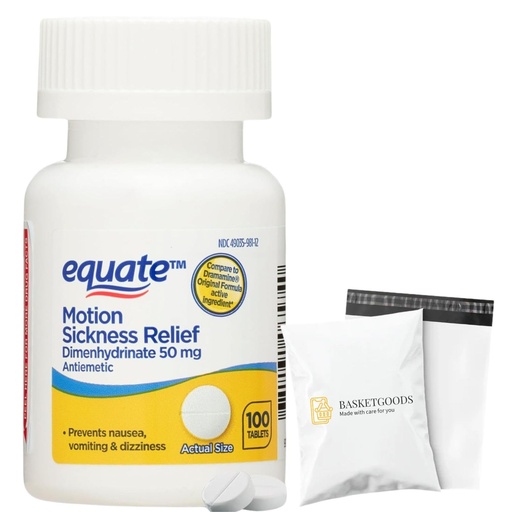 [BRSRE2YTC4BR4HLB] Dimenhydrinate - Equate Motion Sickness Pills - 50 mg 100 Tablets (Pack of 1), Nausea Relief, Set by Basket Goods