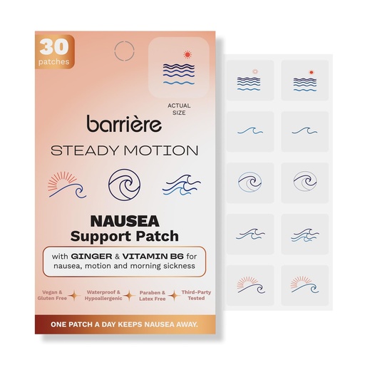 [BRSRYZADCV4AMHIY] barrière Steady Motion Nausea Patches with Vitamin B6 & Ginger - 30-Pack | Wearable Travel Comfort Patches for Car Rides, Flights, Boat Days & Road Trips | Vegan, Filler & Latex-Free Paraben-Free