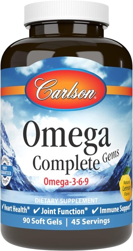 [BRSWIZYDOIDQ2ETE] Carlson - Omega gemas completas, Omega-3-6-9, Wild Caught, Fuente sostenible, Heart Health, Joint Function & Immune Support, 90 Softgels