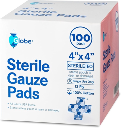 [BRSW22QPB4BGAF3K] Globe 4’’ x 4" Advanced Sterile Gauze Pads for Wound Dressing| 100-Pack, Individually Packed | 12-Ply Cotton & Highly Absorbent| Advanced Gauze Sponge-Pads for Wound Care & Home First Aid Kits (4 x 4)