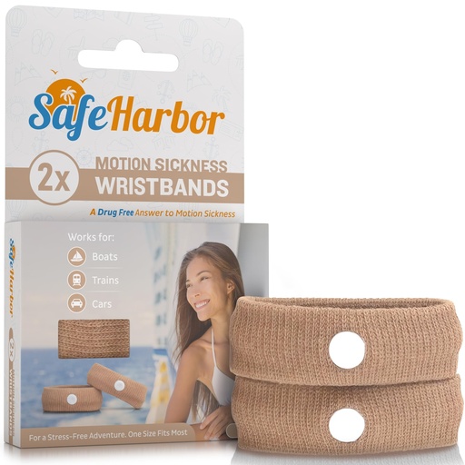 [BRSRGFI5ABYA2ELZ] SafeHarbor Skin-Tone Motion Sickness Wristbands (One Pair) | Acupressure Anti Nausea Wristbands for Cruise & Travel | Natural Sea Sickness and Morning Sickness Relief (Sand)