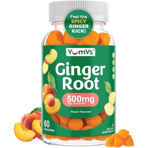 [BRSRECQBBN4AYD3G] YUM-V'S Ginger Gummies, 500 mg Ginger Root Extract, Peach Flavor, Nausea Relief, Digestion & Immune Support, Vegan, Non-GMO, Gelatin-Free (60 Count)