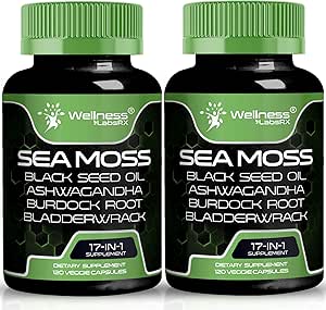 [BRSRAYY7DJ4AMFL7] Irish Sea Moss Capsules, 17-in-1, Seamoss Black Seed Oil, 120 Count, Ashwagandha Burdock Root Organic Bladderwrack Capsules | Organic Sea Moss Advanced, Immune and Blood Pressure Support