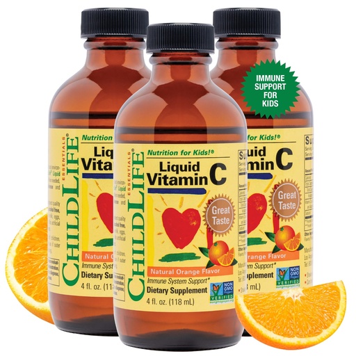 [BRSWKEY5CMFWCDLG] CHILDLIFE ESSENTIALS Liquid Vitamin C Low Sugar Kids, 4 Fl Oz (Pack of 3) | Pure Vitamin C Liquid Supplement, Toddlers, Babies, Immune System Support, Natural Orange Flavor, Kids, Low Sugar