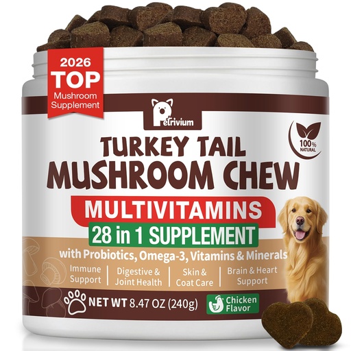 [BRSRYYILCQPWK2D5] Turkey Tail Mushroom for Dogs with Probiotics - Mushroom Supplement for Dogs Lumps and Bumps, Reishi, Lion's Mane - Immune Boost, Gut Health, Lipoma, Joint & Skin Support Multivitamin, 120 Chews