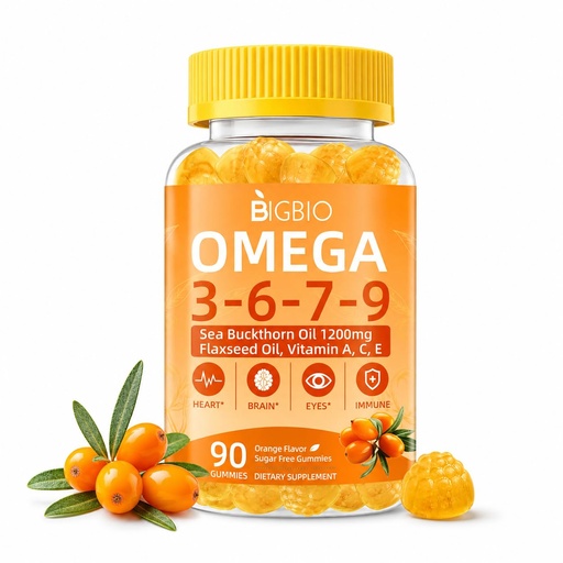 [BRSRGBD2BUJQOC3K] Omega 3-6-7-9 Gummies, Organic Sea Buckthorn Oil 1200MG & Flaxseed Oil 500MG, Vegan Omega 7 Supplement w/Vitamin A, C, E, Fatty Acids, No Fish Taste, Supports Skin, Eye, Immune, Brain Health, 90 Cts