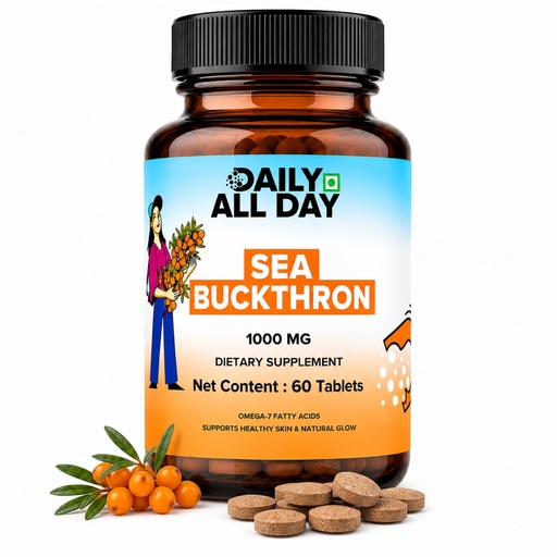 [BRSRYZYKOJYAOD3B] Daily All Daily Sea Buckthorn Omega-7 Tablets 1000mg Vegan Plant-Based Omega 3-6-7-9 & Antioxidants for Skin, Hair & Nails, Berry Extract Superfruit, 60 Vegetarian Tablets, Non-GMO.