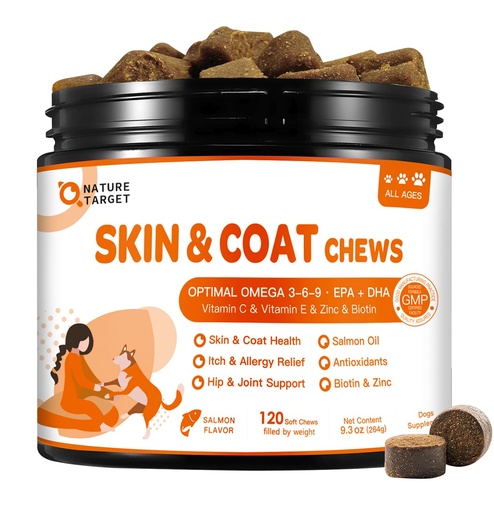 [BRSRABT2CUBRUD3U] Natural Target Omega 3 Fish Oil for Dogs, 120 Salmon Flavored Soft Chews | Salmon Oil Skin and Coat Supplement for Itchy Skin Relief with Omega 3-6-9 (EPA & DHA), Zinc, Biotin and Vitamin E & C