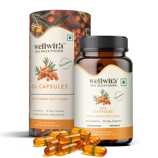 [BRSREGQYOAHAACQ3] Wellwith (Ayuzera) Sea Buckthorn Berry Oil Vegan Omega 7 500mg, 30 Veg HPMC Capsules (Pack of 1), 15-Day Supply| Sea buckthorn capsules rich In Omega 3, 6, 7 & 9 For Muscle, Bone, Heart & Skin