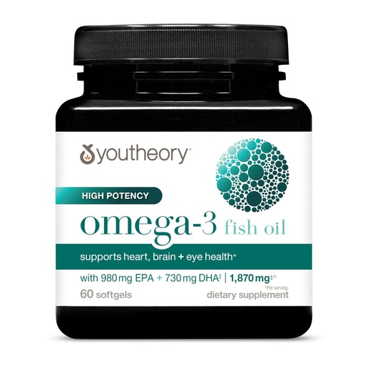 [BRSRGBAZDMFBMGQV] Youtheory High Potency Omega-3 Fish Oil, 60 Soft Gels, 30-Day Supply | 730 mg DHA and 980 mg EPA Omega-3, No Fishy Aftertaste, Tested for Heavy Metals, Supports Heart, Brain, and Eye Health*