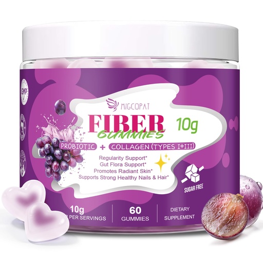 [BRSRY2QHOV4AI237] Migcopat 10G Fiber Gummies with Collagen Peptides, Grape Flavor, 60 Cts | Hyaluronic Acid,30 Billion CFU Probiotics, Vitamin C, ACV - Collagen Gummy for Skin, Hair & Nails , Digestive Support