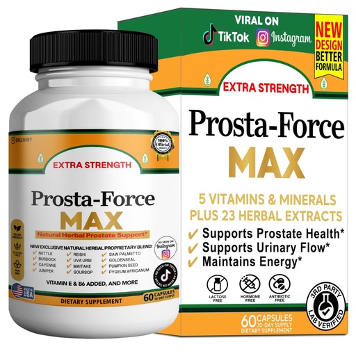 [BRSRGZY6BAHR62TJ] Prosta-Force Max Extra Strength Prostate Support, Natural Herbal Supplement with Saw Palmetto, Pygeum, Plant Sterols, 60 Capsules (1)