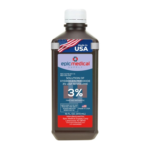 [BRSRMYAYAUIBECD6] Epic Medical Supply H2O2 Hydrogen Peroxide Solution 3% USP - 16 oz, First Aid Antiseptic & Multipurpose Cleaner - Hydrogen Peroxide Mouthwash, Topical Wash for Cuts & Scrapes - 16oz (Pack of 1)