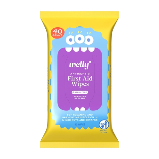 [BRSRGHANOR5RAFL3] Welly First Aid Antiseptic Wipes 40ct | Sting-Free BZK Wipes for Cleaning Minor Cuts and Scrapes | 40 Count Pack