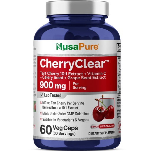 [BRSREZQHOQGQO3A6] CherryClear Tart, Non-GMO, Vegan, 900mg, 60 Capsules - 30 Servings | Herbal Formula, Prunus Cerasus Fruit 10:1 Extract, Suitable for Adults, Manufactured in a cGMP Registered Facility USA