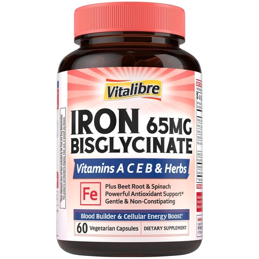 [BRSRACQZCAPBGD36] Vitalibre Iron Supplement for Women and Men, Iron Bisglycinate, 65mg Elemental Iron, Non-Constipating, with Vitamins C B6 B12 Folate & Beet Root, 60 Caps