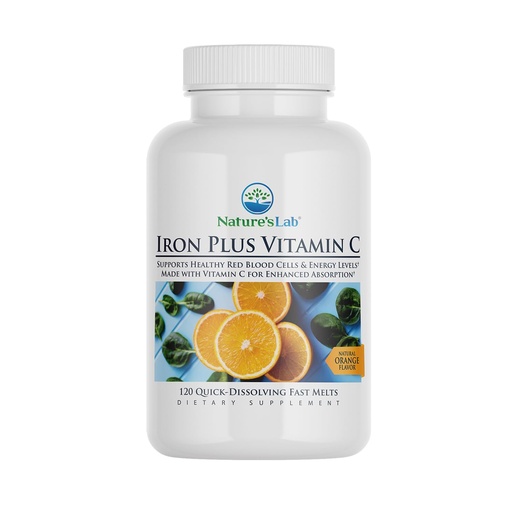 [BRSW2A36CMHWY3I6] Nature's Lab Iron Plus Vitamin C Fast Melt Tablets - Gentle on The Stomach Carbonyl Iron, High Absorption for Healthy Red Blood Cells* - 120 Tablets