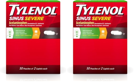 [BRSRGGQNA4BWCCTJ] Tylenol Sinus Severe Daytime Caplets with Acetaminophen 325mg, Guaifenesin 200mg & Phenylephrine HCl 5mg, Non-Drowsy Pain Reliever, Expectorant & Nasal Decongestant, 2 Count (Pack of 100)