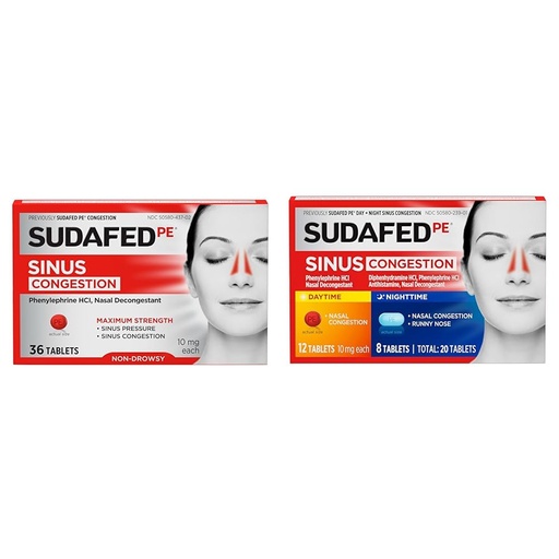 [BRSROCQPPMNWAG3H] Sudafed PE Sinus Congestion Maximum Strength Non-Drowsy Decongestant Tablets, 36 ct & PE Day and Night Sinus Pressure & Congestion Tablets, 20 Count