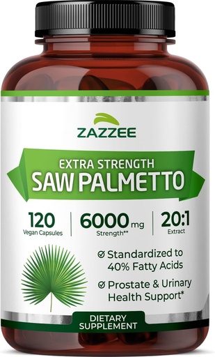 [BRSROFQ7OF5BY23F] Zazzee Extra Pevnost Saw Palmetto 20: 1 Extract, 6000 mg Síla, 40% mastné kyseliny, 120 Vegan Kapsle, 4 Měsíční dodávky, Koncentrované a standardizované 20X Extract, Non- GMO, All- Natural, Made in the USA