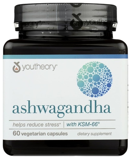 [BRSRMEL3DEGRMC3Z] Youtheory Ashwagandha Dietary Supplement, Helps Reduce Stress, Gluten Free, 60 Vegetarian Capsules (Pack of 1)