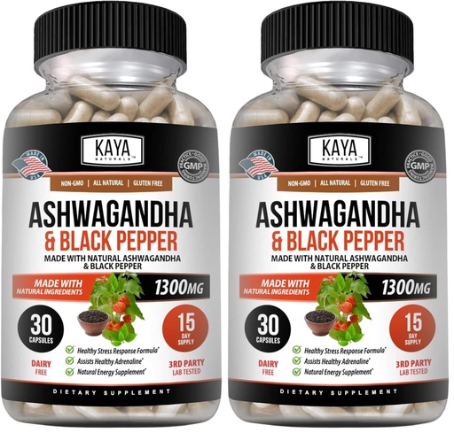 [BRSRGFIEPMBQEG3U] Kaya Naturals Ashwagandha Root with Black Pepper | Maximum Strength 1300mg Adaptogen Supplement, Support Adrenal, Glandular Health, Mood Relief, Focus, Energy & Vitality for Men & Women (Pack of 2)
