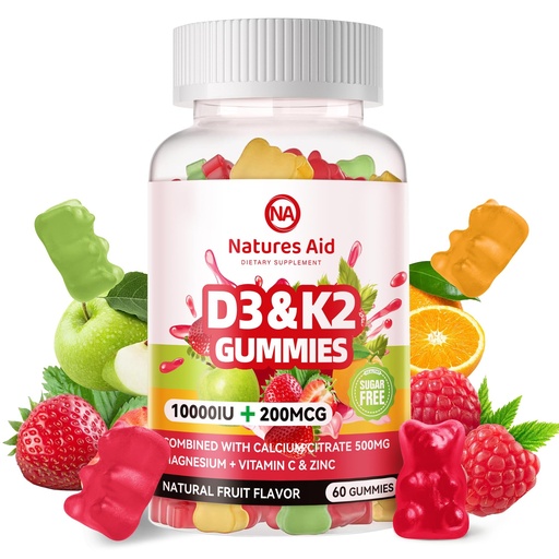 [BRSRAFI3DIFREHLH] Natures Aid Sugar-Free Vitamin D3 K2 Gummies with Calcium + K2 (MK-7), Magnesium Citrate, Vitamin C, Extra Strength - Ultimate Absorption for Bone Muscle Teeth Immune, Vegan - 60 Gummies