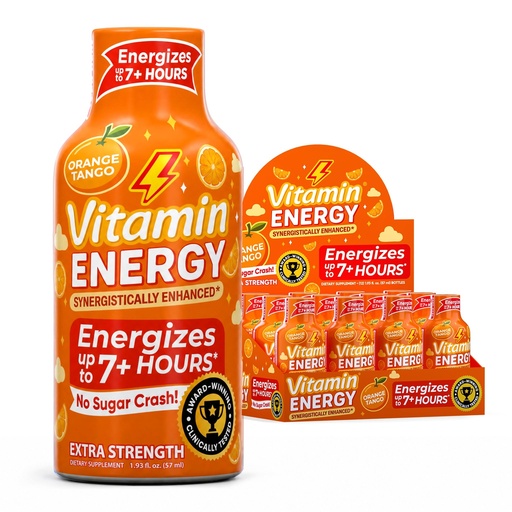 [BRSREAAHAUOWG2A2] Vitamin Energy Orange Tango Extra Strength Energy Shot, 12 Pack - Up to 7 Hrs, 260mg Natural Caffeine, Zero Sugar - Green Tea Extract, Immune Support, B12 B6 Niacin, 1.93 fl oz, Keto Vegan