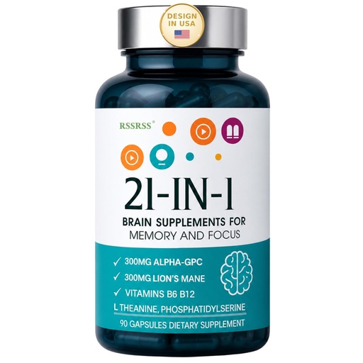 [BRSRGCQTOUIA23LH] Brain Supplements for Memory and Focus, 21-in-1 Advanced Cognitive Formula | Natural Herbal Formula, Clarity & Cognitive Improvement for Men & Women | 90 Capsules