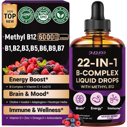 [BRSRGCY2ABYAADLG] Vitamin B Complex Liquid Drops, 22-in-1 Active B Formula | Methylated B Vitamins with Lion's Mane, CoQ10 & Magnesium to support energy, focus, brain health & daily wellness