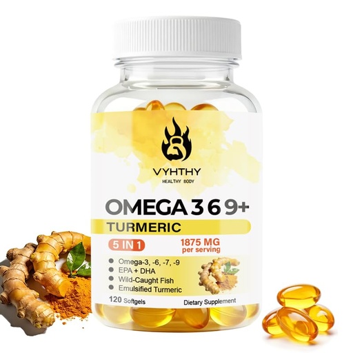[BRSRGGQ3BAMWY3LP] 120 Softgels, Triple Omega 3 6 9 Supplement with Turmeric, Curcumin, DHA & EPA, Fish Oil Supplement for Brain & Heart Health and Joint Support, Advanced Absorption