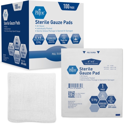 [BRSWGHANBBYQYFA6] MED PRIDE Sterile Gauze Dressing Pads Individually Wrapped, Nonstick 12-Ply Cotton, Highly Absorbent for Wound Care (4x4 Inch (Pack of 100))