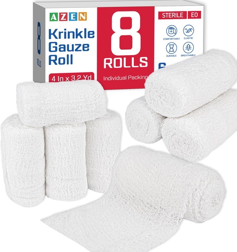 [BRSRYYL2O4CWYG3U] AZEN 8 Pack Krinkle Gauze Rolls, 4 in x 3.2 Yards, 6-Ply 100% Cotton Bandage Wrap, Latex-Free Individually Wrapped, Highly Absorbent Wound Dressing for First Aid