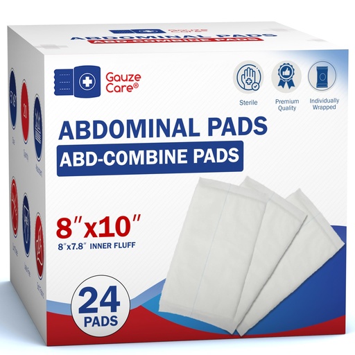 [BRSRAZY3O4DWMD3A] GauzeCare Sterile Abdominal- ABD Combine Pads| 24-Pack, 8x10 Inches| Extra Absorbent & Thick, Individually Wrapped Wound Dressing, First Aid Pads| Surgical-Grade, Nonstick- for Heavy Leakage, Post Op