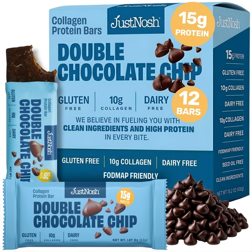 [BRSW2BIKBBYQI3IU] JUSTNOSH ​D​ouble Chocolate Chip Collagen Protein Bars – 15g Protein, 10g Collagen | Gluten & Dairy Free, Low FODMAP, Seed Oil Free (12 Pack)