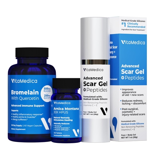 [BRSRGBA5C4IRYDL3] VitaMedica Advanced Skin & Tissue Essentials Bundle - Includes Arnica Montana 30X, Bromelain with Quercetin, and Peptide Silicone Gel - Professional 3-Piece Wellness Kit