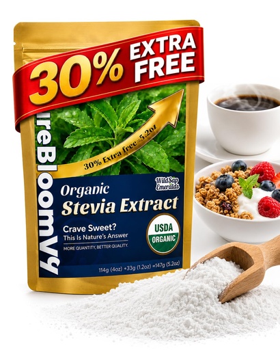 [BRSRGBD6BN5BUHLL] Organic Stevia Powder, High Purity Rebaudioside A (Reb A) Extract, Zero Calorie Natural Sweetener, Low Bitter Aftertaste, Sugar Free, Keto Friendly, 5.19 oz (147g)