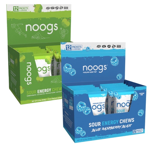 [BRSRGZIFCIPQYALK] Noogs Wicked Apple + Blue Raspberry Blast Sour Energy Chews Bundle - Electrolyte Energy Gummies | 24 Packs, 288 Gummies