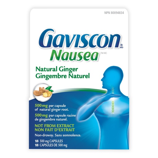 [BRSWYZYLOZ5BSF3B] Gaviscon Anti Nausea Ginger Capsules - 18 Count - Tablets for Nausea Relief & Digestion Support, Natural Ginger - Free of Aluminum, Lactose and Gluten
