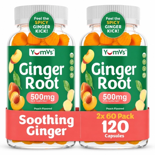 [BRSRGAIKCJ7AACI2] YUM-V'S Ginger Gummies, 500 mg Ginger Root Extract, Peach Flavor, Nausea Management, Digestion & Immune Support, Vegan, Non-GMO, Gelatin-Free, 2 Pack