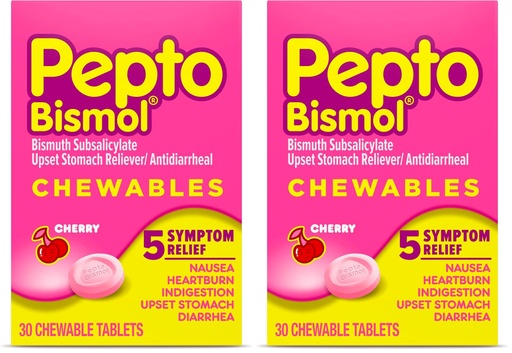 [BRSRAY35CQCWECIU] Pepto Bismol Cherry Chewable Tablets, Upset Stomach Relief, Nausea Relief, Heartburn Relief, Indigestion Relief, Anti Diarrhea Medication for Adults - 5 Symptom Relief, 30 ct (Pack of 2)