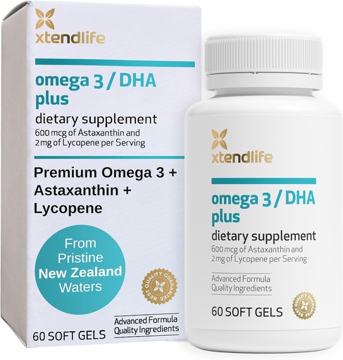 [BRSWIEAIBF5A4F3U] Xtendlife Omega 3 DHA Plus Fish Oil for Heart, Brain, Eye & Skin Health - 1100mg Omega-3 with DHA, EPA, Lycopene & Astaxanthin - 1 Month Supply (60 Count)