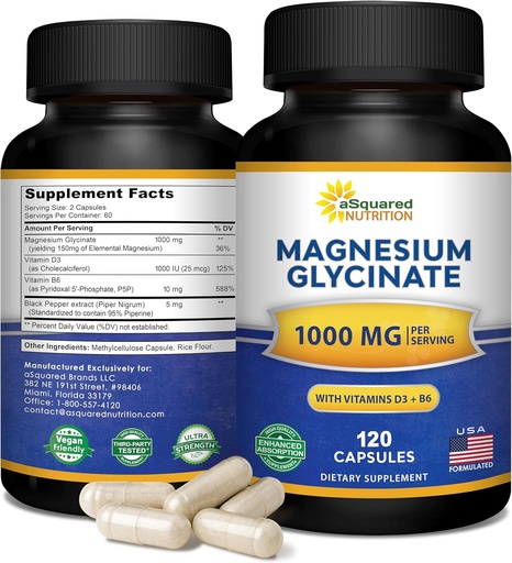 [BRSRAGAKOVYBYHI7] Magnesium Glycinate 1000mg with Vitamin D3 & B6-500mg per Capsule - Pure Elemental Mag Supplement Complex for Sleep, Muscle, Bone Health - Replace Gummies, Tablets & Powder - 120 Capsules