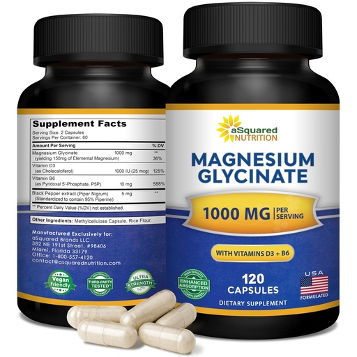 [BRSRAGAKOVYBYHI7] Magnesium Glycinate 1000mg with Vitamin D3 & B6-500mg per Capsule - Pure Elemental Mag Supplement Complex for Sleep, Muscle, Bone Health - Replace Gummies, Tablets & Powder - 120 Capsules