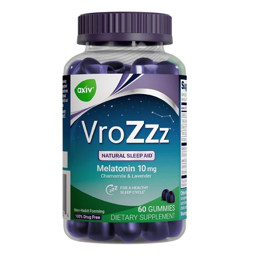 [BRSRAFQ5CV6QMEIU] AXIV VroZzz Melatonin Sleep Aid Gummies, 10 mg Melatonin, with Chamomile, Lavender & Valerian Root, Supports Occasional Sleep, 60 Gummies