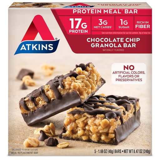 [BRSWIZQFOUFWOEIV] Atkins Chocolate Chip Granola Protein Meal Bar, High Fiber, 17g Protein, 1g Sugar, 3g Net Carbs, Meal Replacement, Keto Friendly, 5 Count