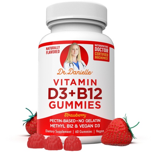 [BRSW2HAFBAJWGCY6] Vitamin D3, B12 Gummies by Dr. Danielle, Vegan Daily Supplement for Adults & Kids, Non-GMO, Vitamin D3 1000 IU & 250 mcg Vitamin B12, 2 Month Supply (60 Gummies)