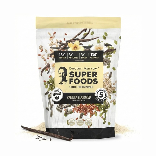[BRSWYGD4B55A2DTH] Dr. Murray's Super Foods 3 Seed Protein Powder - Pumpkin Flax Sunflower | Vegan Plant Protein | No Artificial Additives | GMP Certified | Vanilla, 1 lb.
