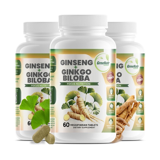 [BRSWKEYOB4CWMCT4] GreeNatr Ginko Biloba & Panax Ginseng Supplement - Red Ginseng Brain Supplement for Memory and Focus - Ginkgo Biloba Supplements for Good Vision, Immune System and Improved Blood Flow - 3 Bottles